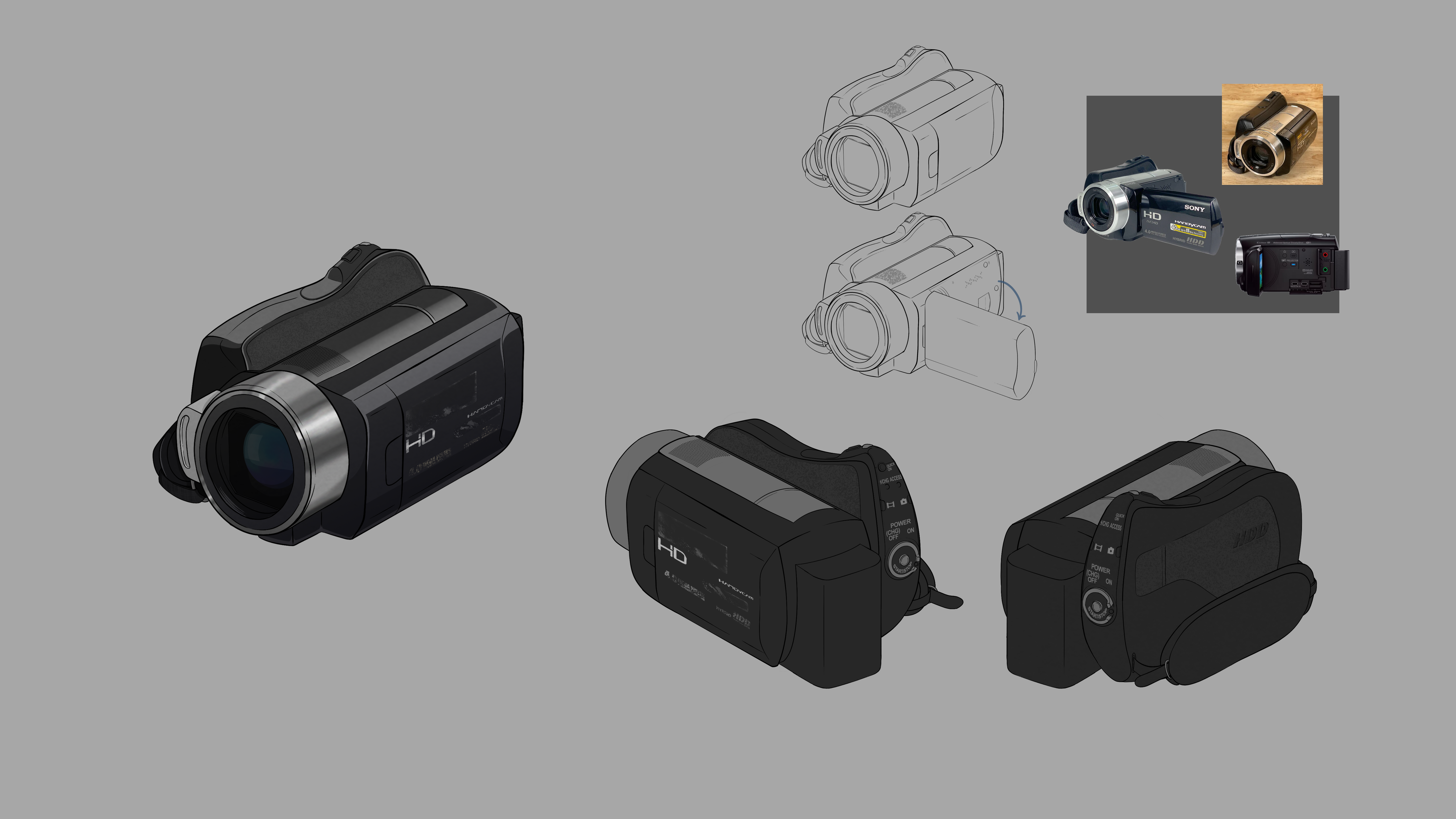 Prop design and callouts for a mid-2000s camcorder, 2024